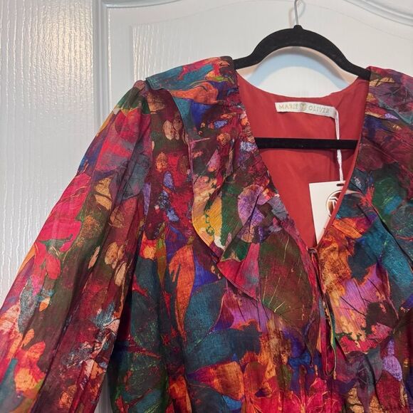 Marie Oliver Lotus Silk Linen Blend Tiered Ruffle Mini Una Dress NWT Size Large - Picture 6 of 11